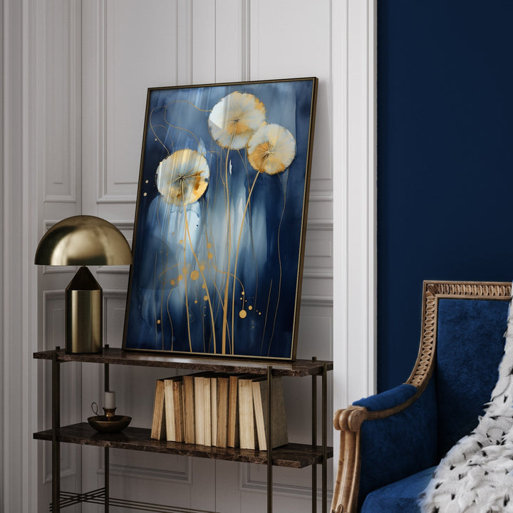 Dandelion Wall Art | Navy Blue & Gold Dandelions Wall Art Print