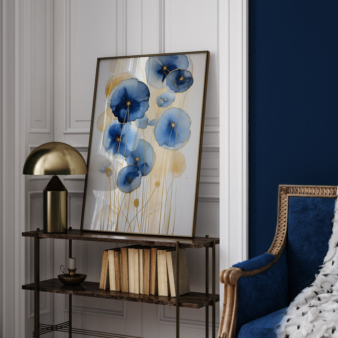 Watercolour Dandelion Painting Wall Art | Navy Blue & Gold Dandelions Wall Art Print