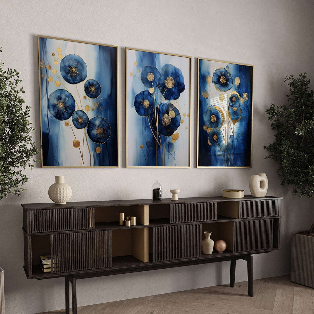 Navy Blue & Gold Floral Wall Art | Set of 3 Navy Blue Room Decor | Floral Art