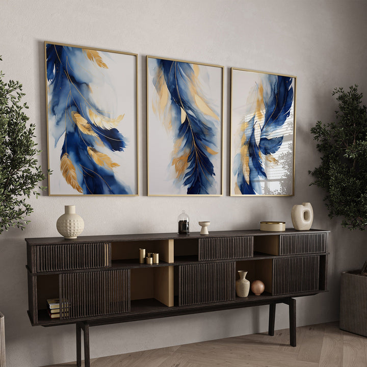 Navy Blue & Gold Feather Wall Art | Set of 3 Navy Blue Room Decor | Floral Art