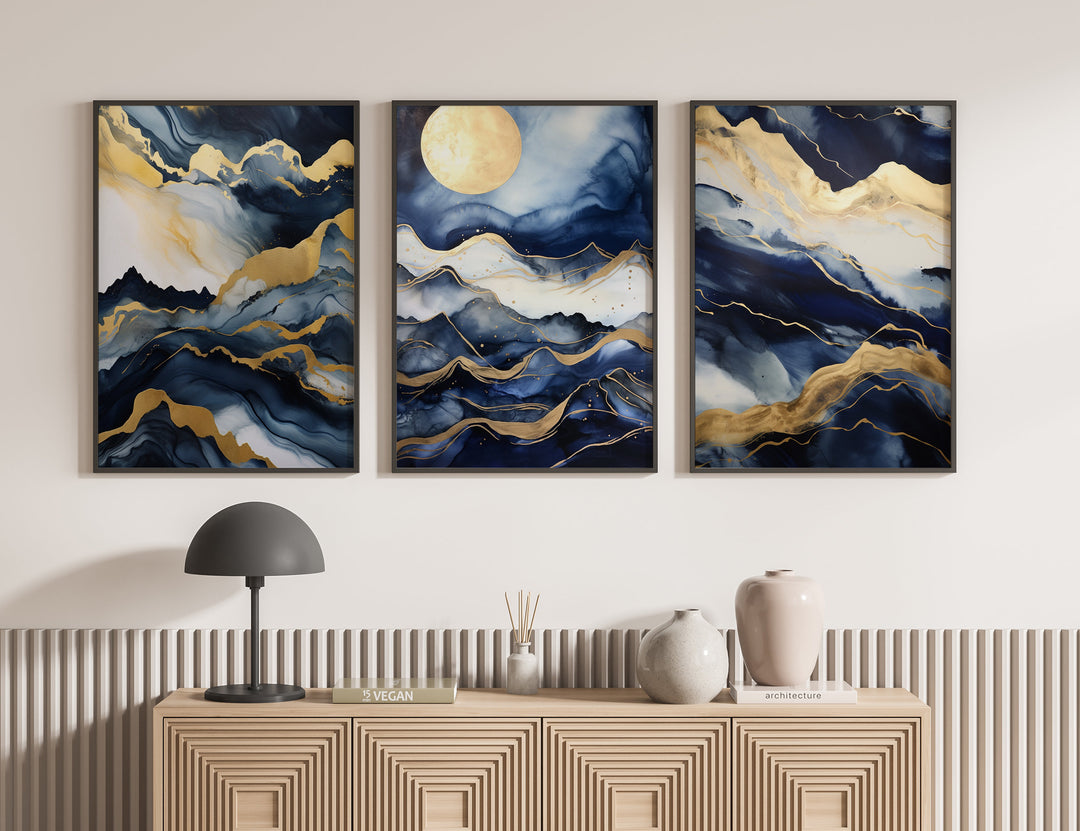 Set of 3 Navy Blue & Gold Wall Art | Mountains Theme Navy Blue Wall Art Prints