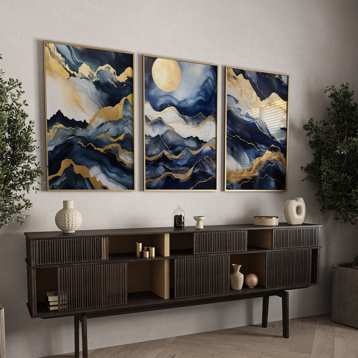 Set of 3 Navy Blue & Gold Wall Art | Mountains Theme Navy Blue Wall Art Prints