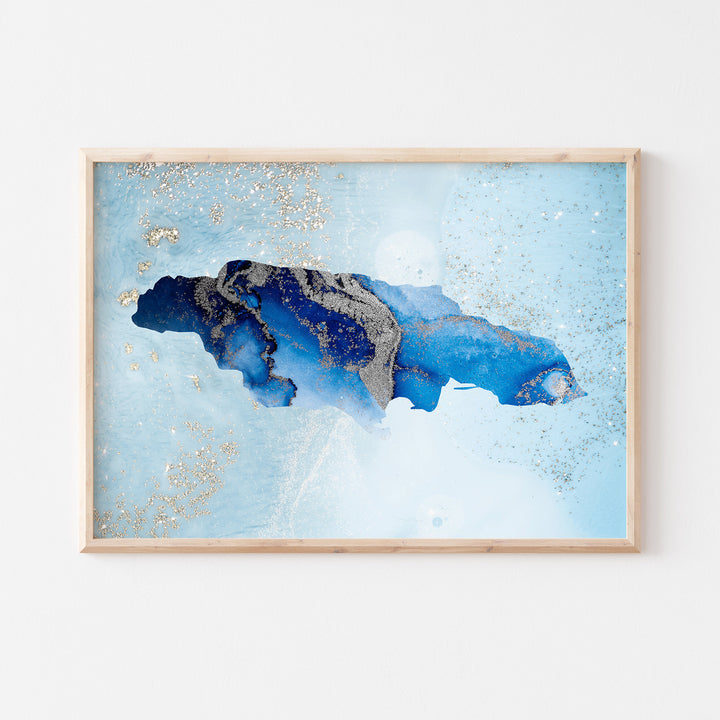 Jamaica Map Shades of Blue & Silver Wall Art Print