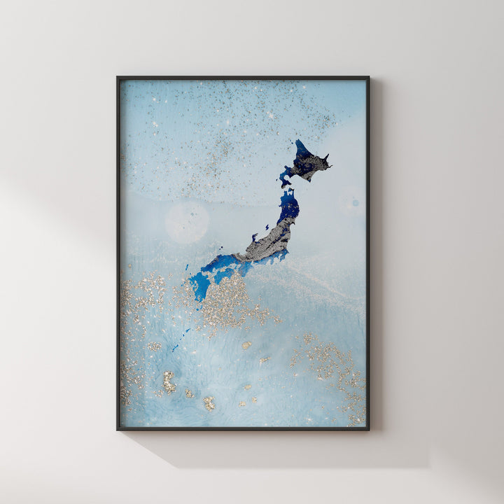 Japan Map Shades of Blue & Silver Wall Art Print