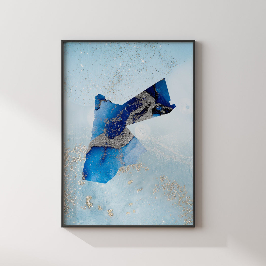 Jordan Map Shades of Blue & Silver Wall Art Print