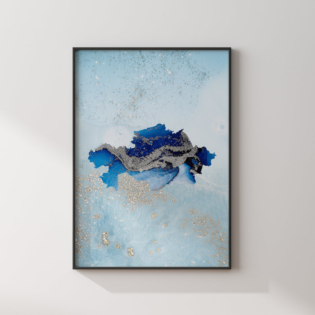Kazakhstan Map Shades of Blue & Silver Wall Art Print