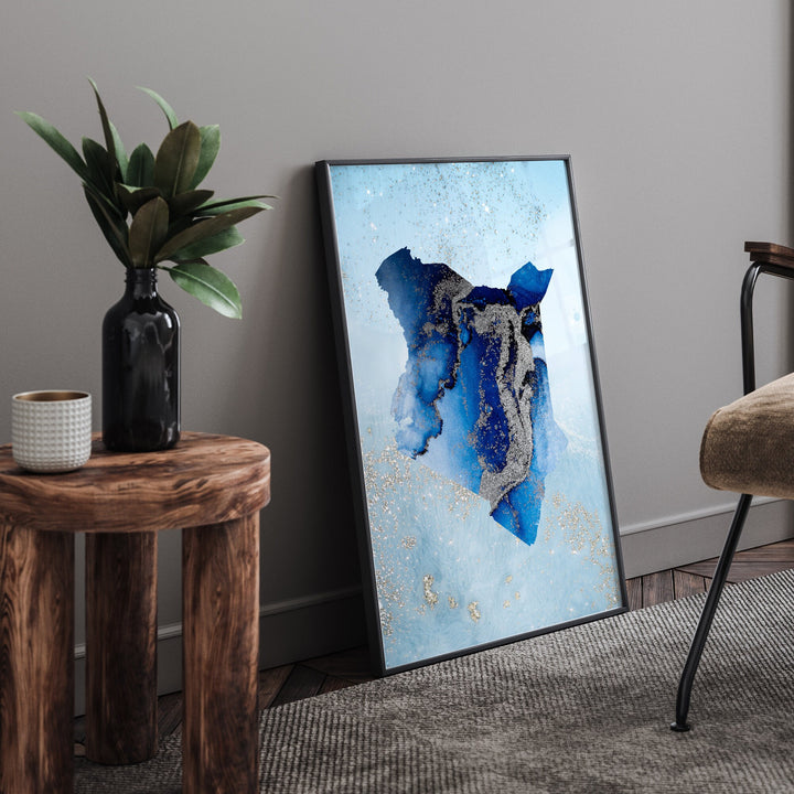 Kenya Map Shades of Blue & Silver Wall Art Print