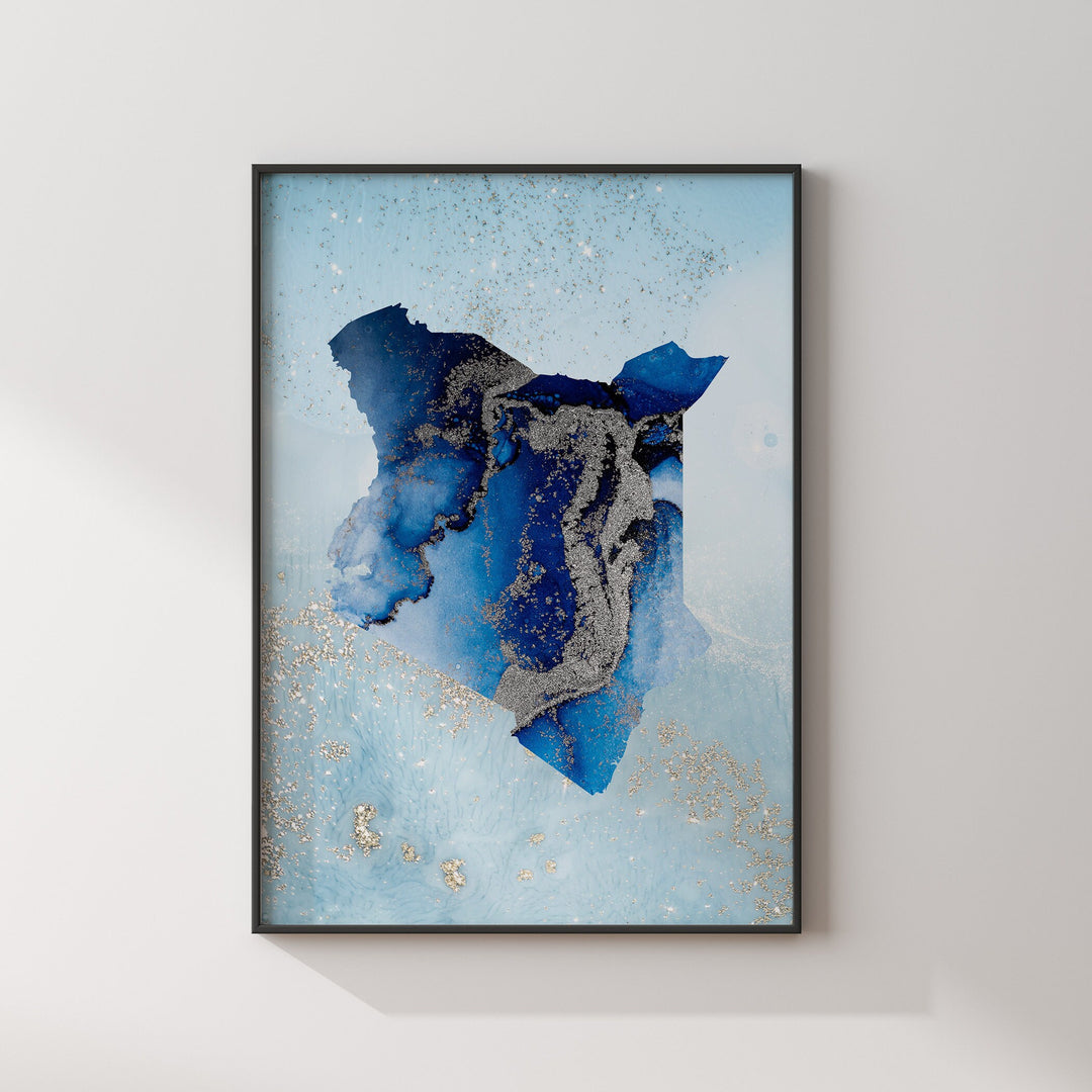 Kenya Map Shades of Blue & Silver Wall Art Print