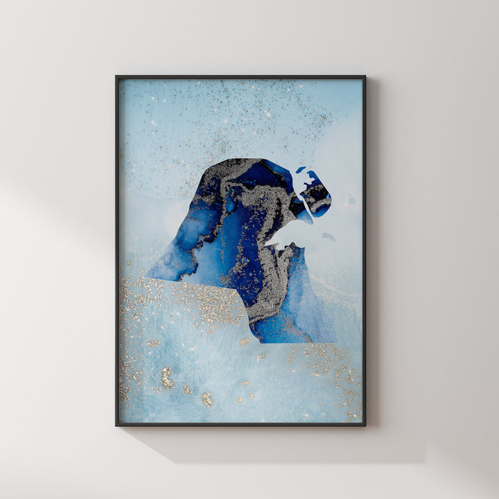 Kuwait Map Shades of Blue & Silver Wall Art Print