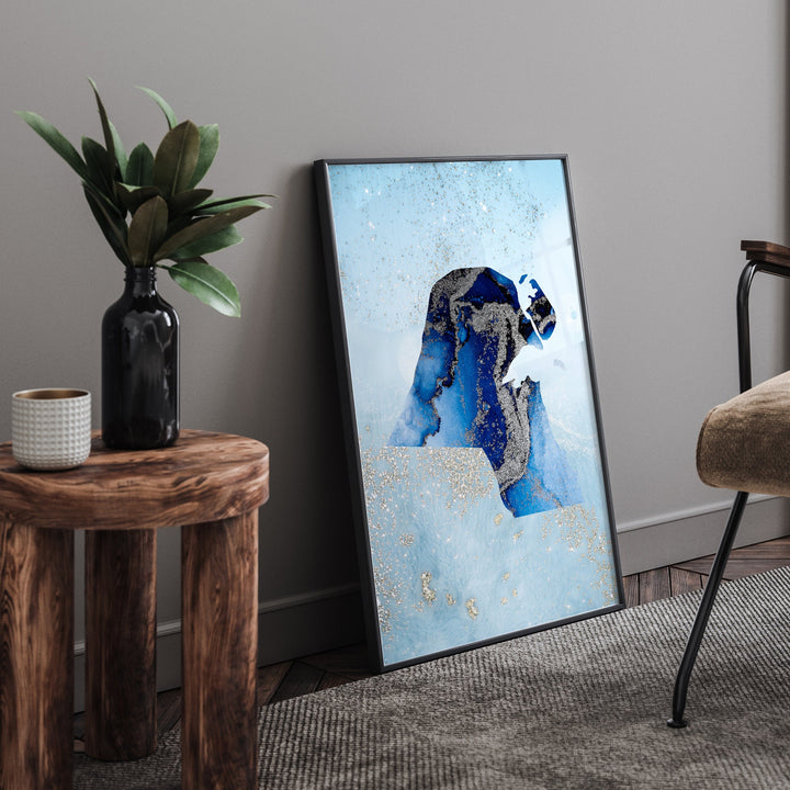 Kuwait Map Shades of Blue & Silver Wall Art Print