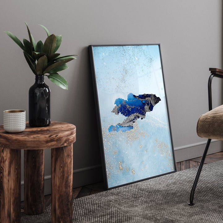 Kyrgyzstan Map Shades of Blue & Silver Wall Art Print