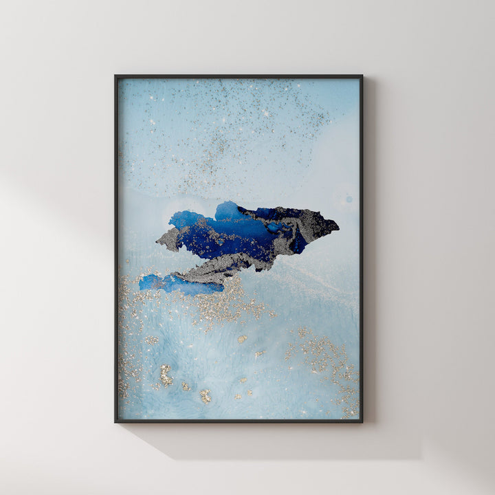 Kyrgyzstan Map Shades of Blue & Silver Wall Art Print