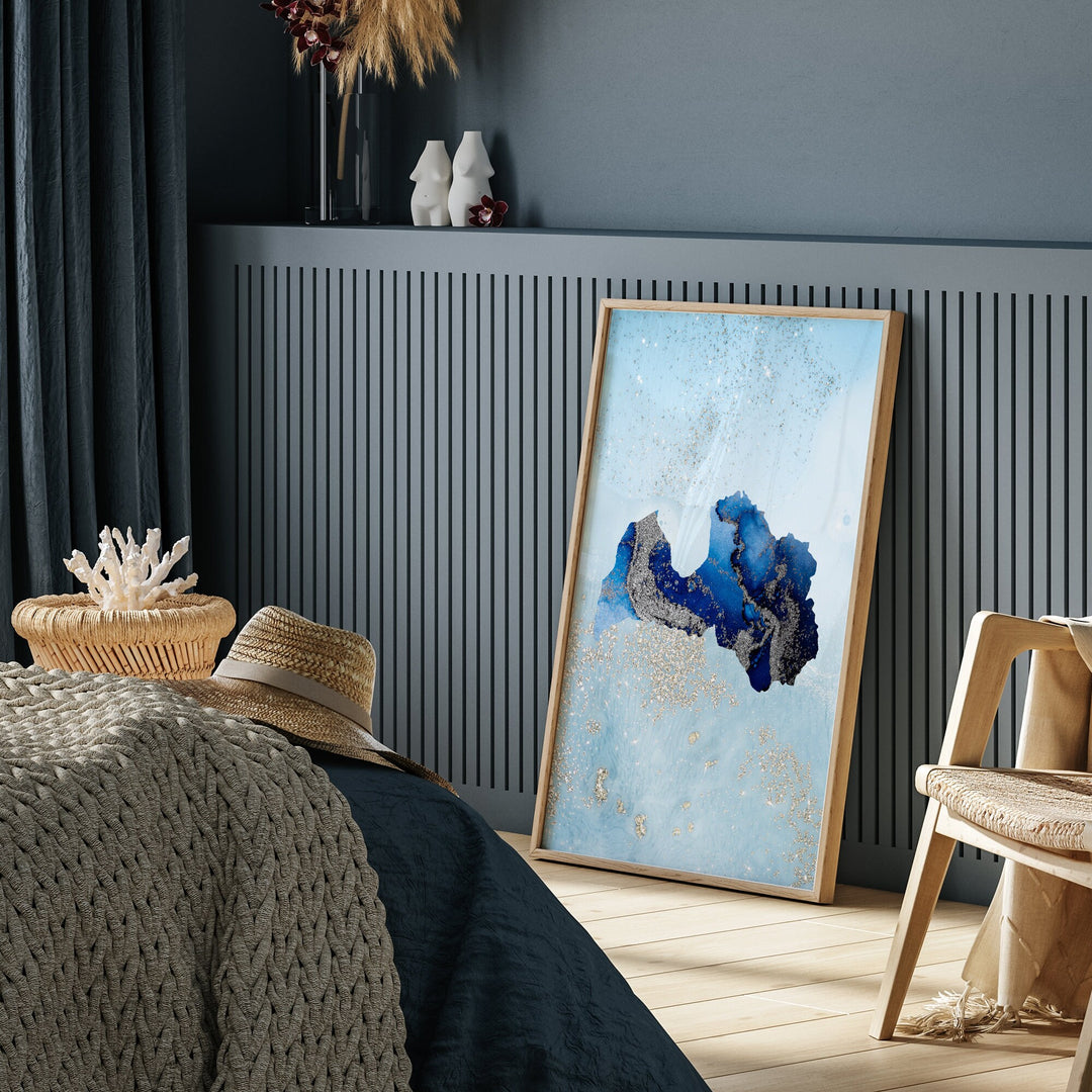 Latvia Map Shades of Blue & Silver Wall Art Print