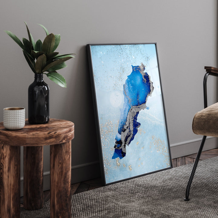 Lebanon Map Shades of Blue & Silver Wall Art Print