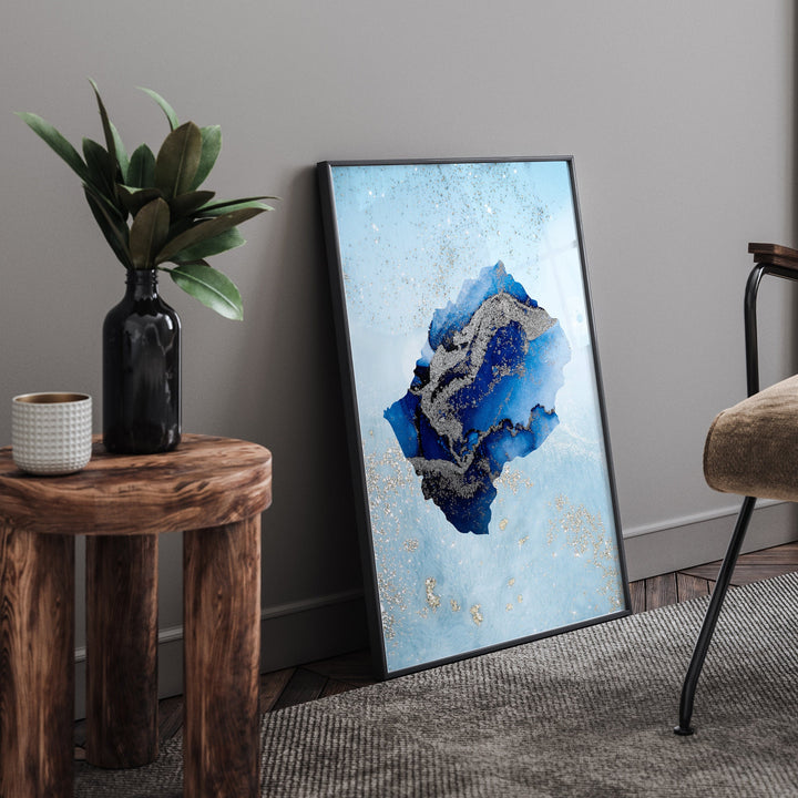 Lesotho Map Shades of Blue & Silver Wall Art Print