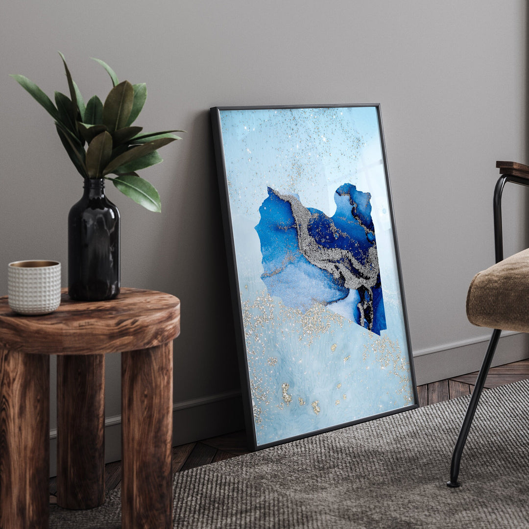 Libya Map Shades of Blue & Silver Wall Art Print