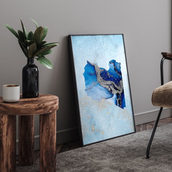 Libya Map Shades of Blue & Silver Wall Art Print