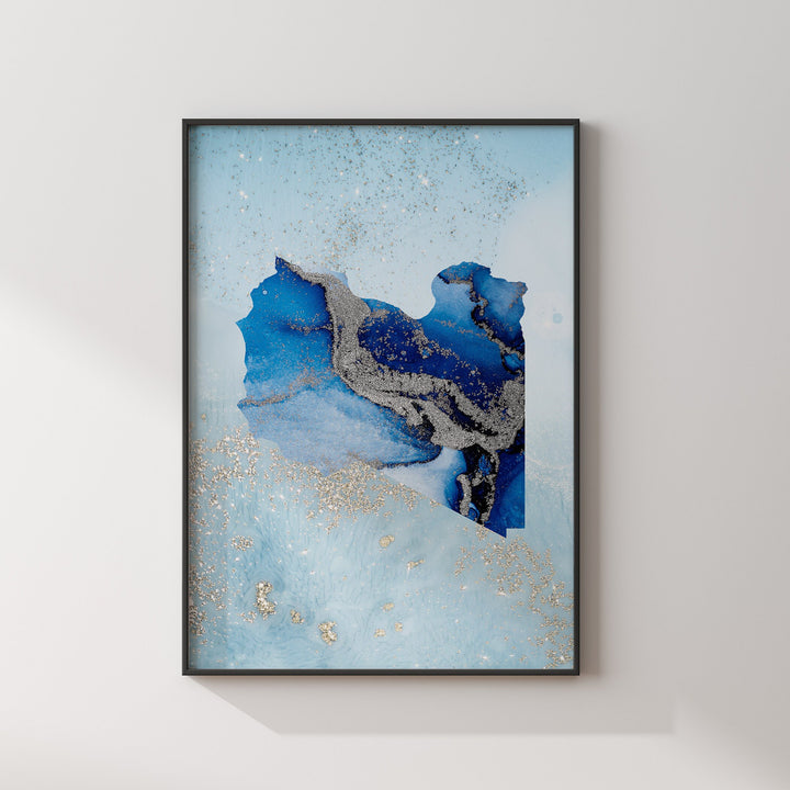Libya Map Shades of Blue & Silver Wall Art Print