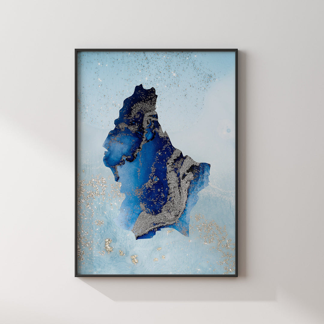 Luxembourg Map Shades of Blue & Silver Wall Art Print