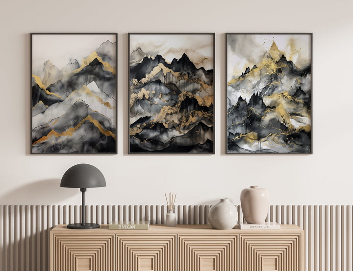 Set of 3 Black & Gold Wall Art | Mountains Theme