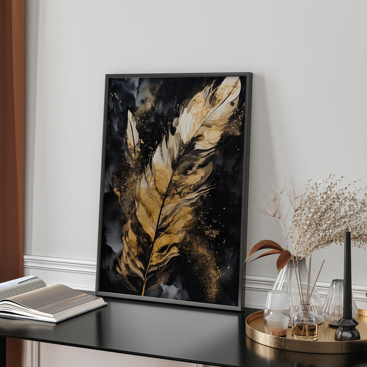 Black & Gold Feather Wall Art Print | Black and Gold Wall Art