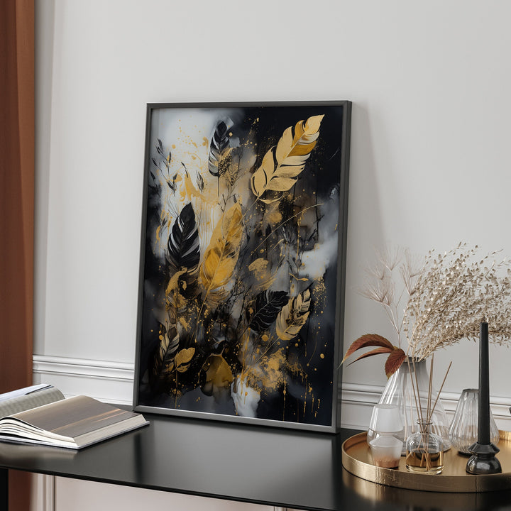 Black & Gold Wall Art Print | Feathers | Floral | Black and Gold Prints
