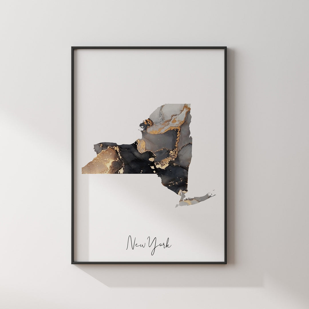 Set of 2 New York Map and Skyline Black & Gold Wall Art Prints | Black and Gold Prints