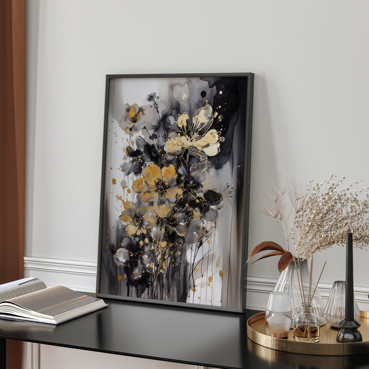 Black & Gold Flowers Wall Art Print | Black and Gold Print