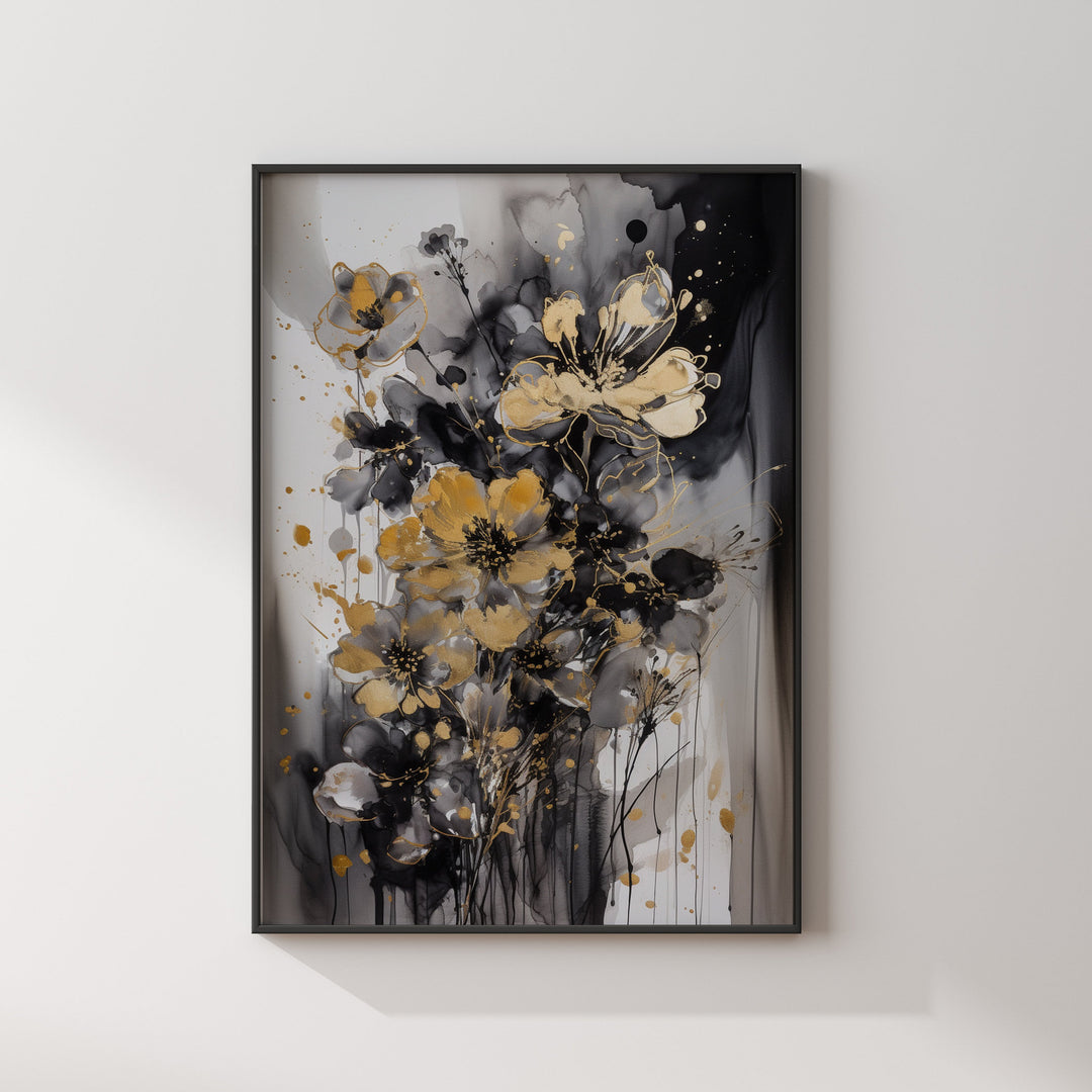 Black & Gold Flowers Wall Art Print | Black and Gold Print