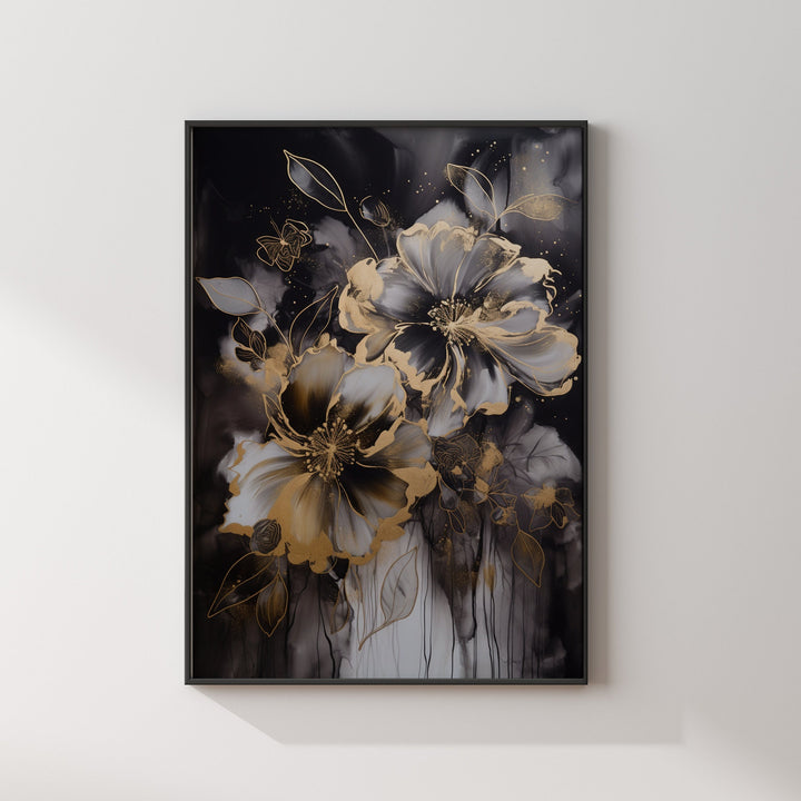 Black & Gold Flowers Wall Art Print | Black and Gold Print