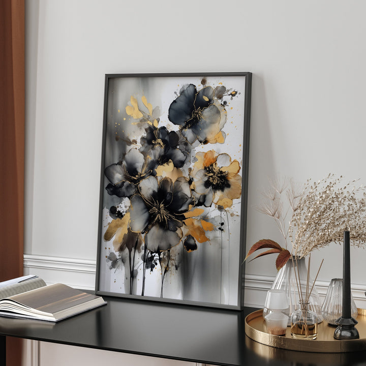 Black & Gold Floral Wall Art Print | Black and Gold Print | Flowers