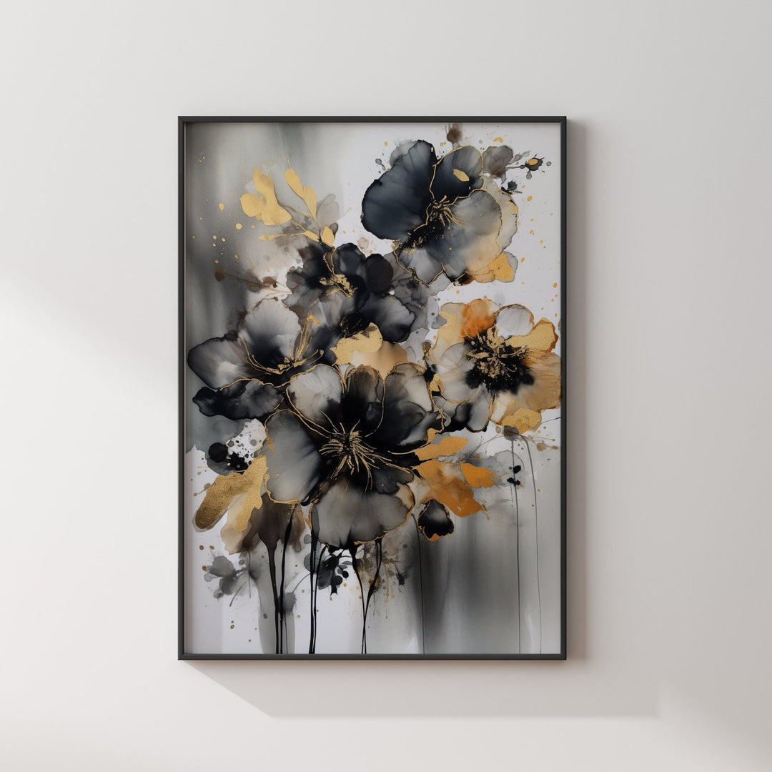 Black & Gold Floral Wall Art Print | Black and Gold Print | Flowers