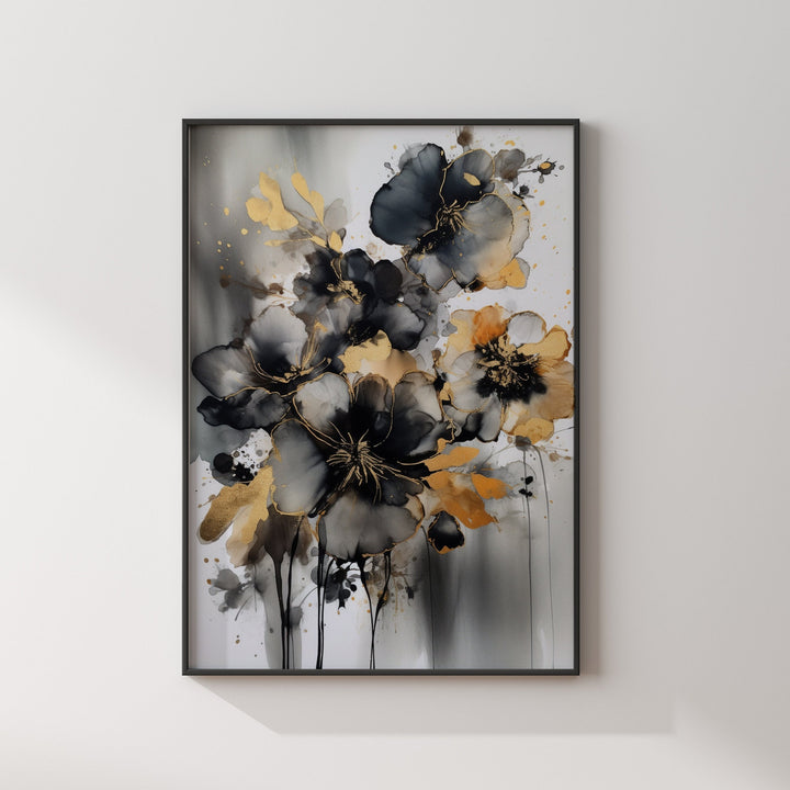 Black & Gold Floral Wall Art Print | Black and Gold Print | Flowers