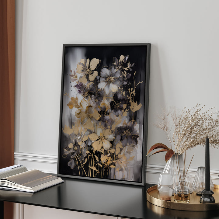 Black & Gold Floral Wall Art Print | Black and Gold Print | Flowers