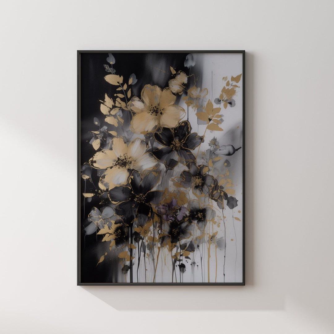 Black & Gold Floral Wall Art Print | Black and Gold Print | Flowers