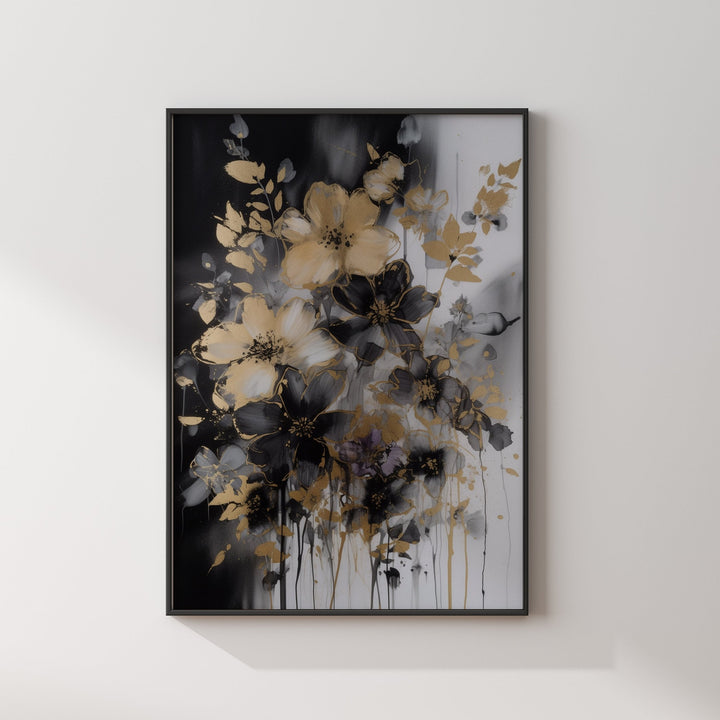 Black & Gold Floral Wall Art Print | Black and Gold Print | Flowers