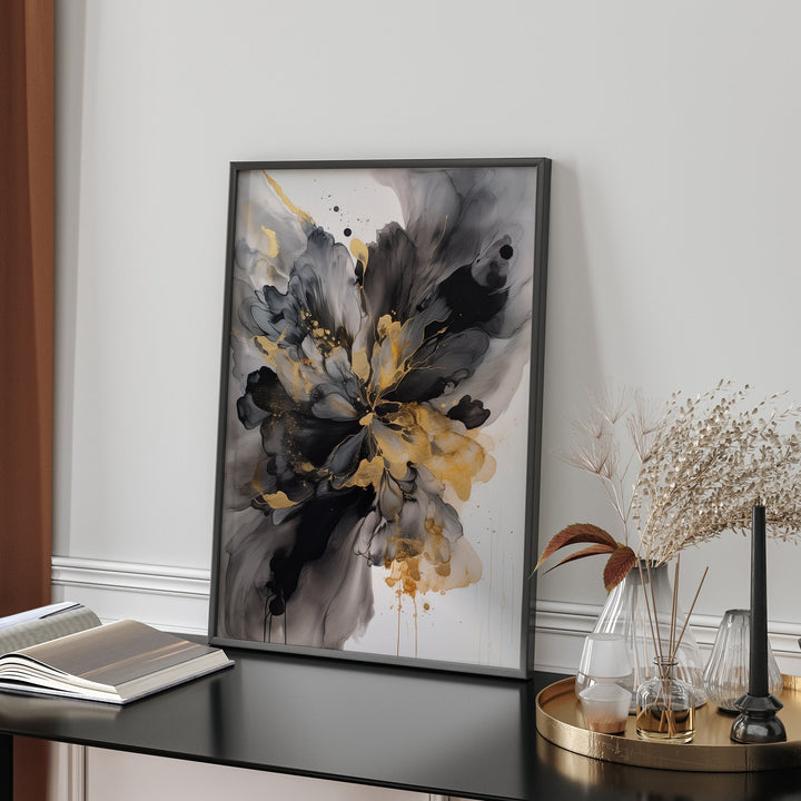 Black & Gold Watercolor Ink Wall Art Print | Black and Gold Print |