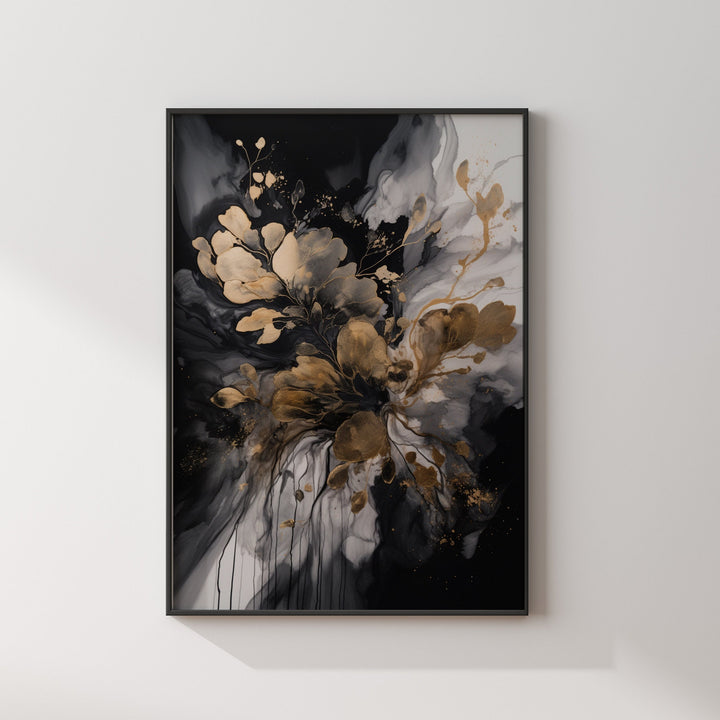 Black & Gold Melted Ink Flowers Wall Art Print | Black and Gold Print |
