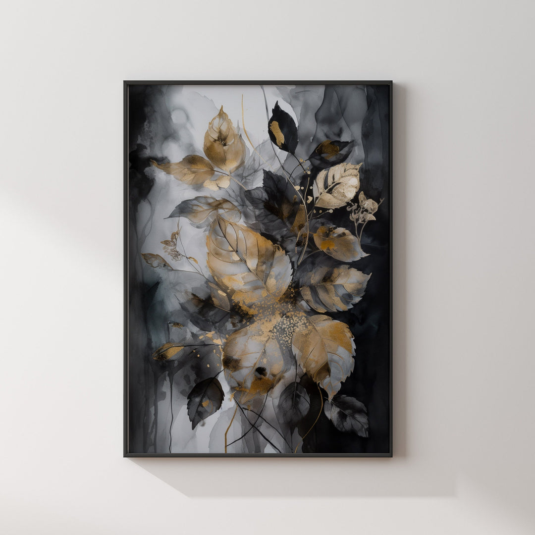 Black & Gold Leaves Wall Art Print | Black and Gold Print |