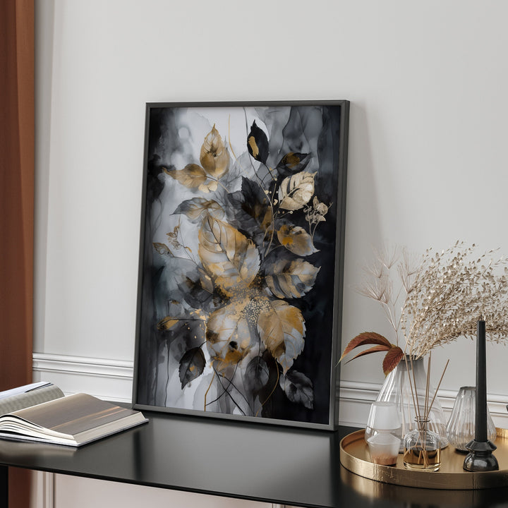 Black & Gold Leaves Wall Art Print | Black and Gold Print |