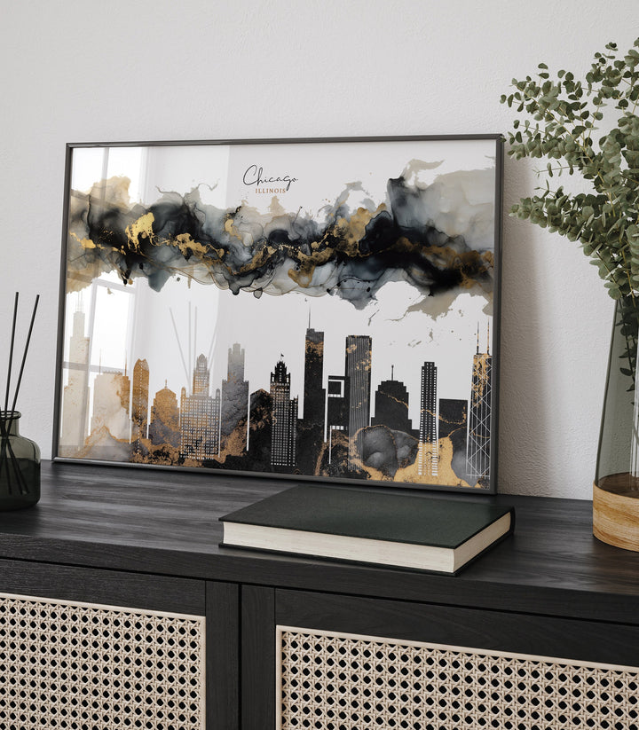 Chicago Skyline Black & Gold Wall Art Print | Illinois | USA | United States of America
