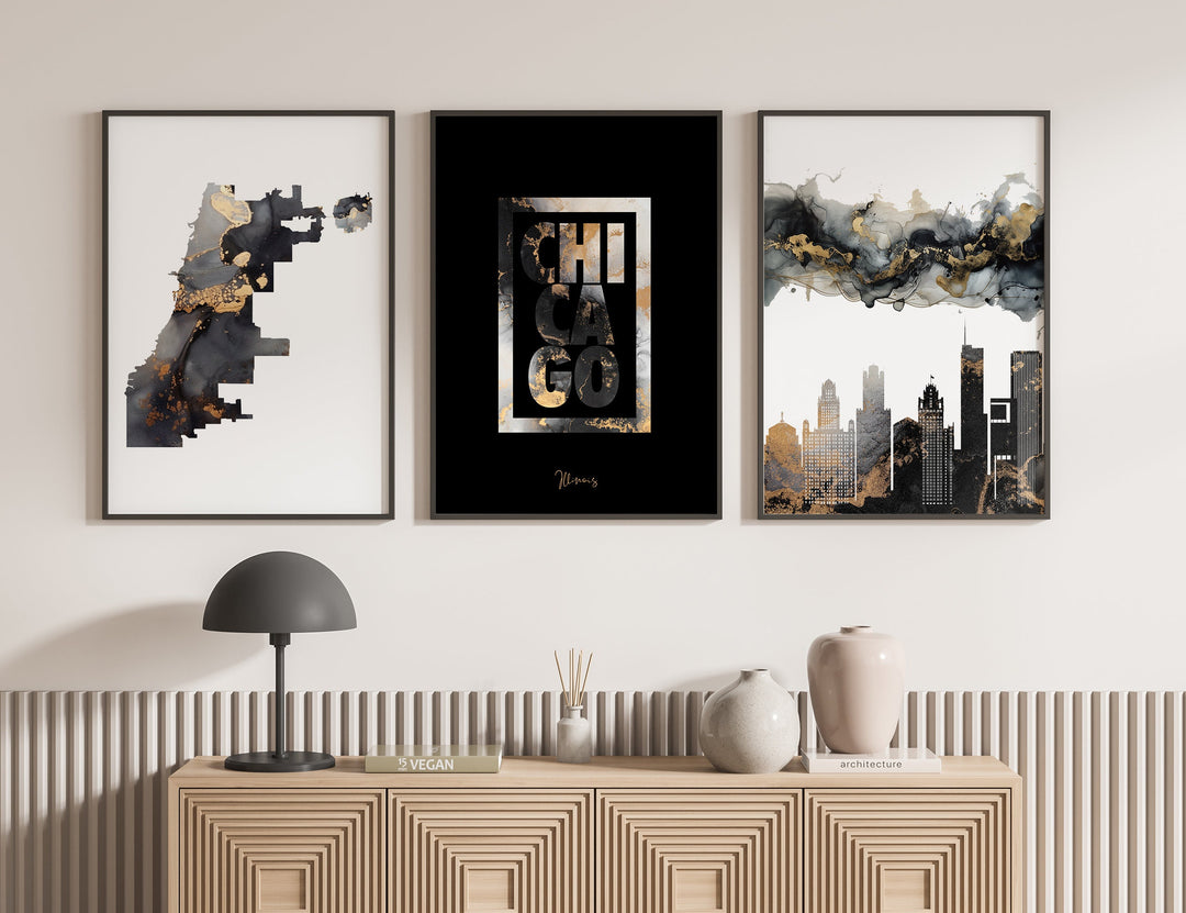Set of 3 Chicago Black & Gold Wall Art | Chicago Map | Chicago Skyline | Chicago Typography | Illinois | United States