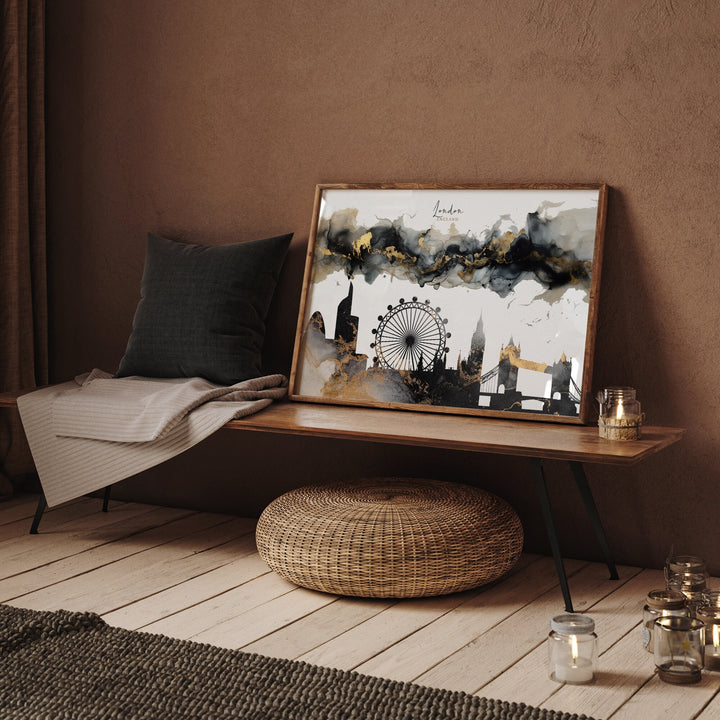 London Skyline Black & Gold Wall Art Print | England | UK | United Kingdom