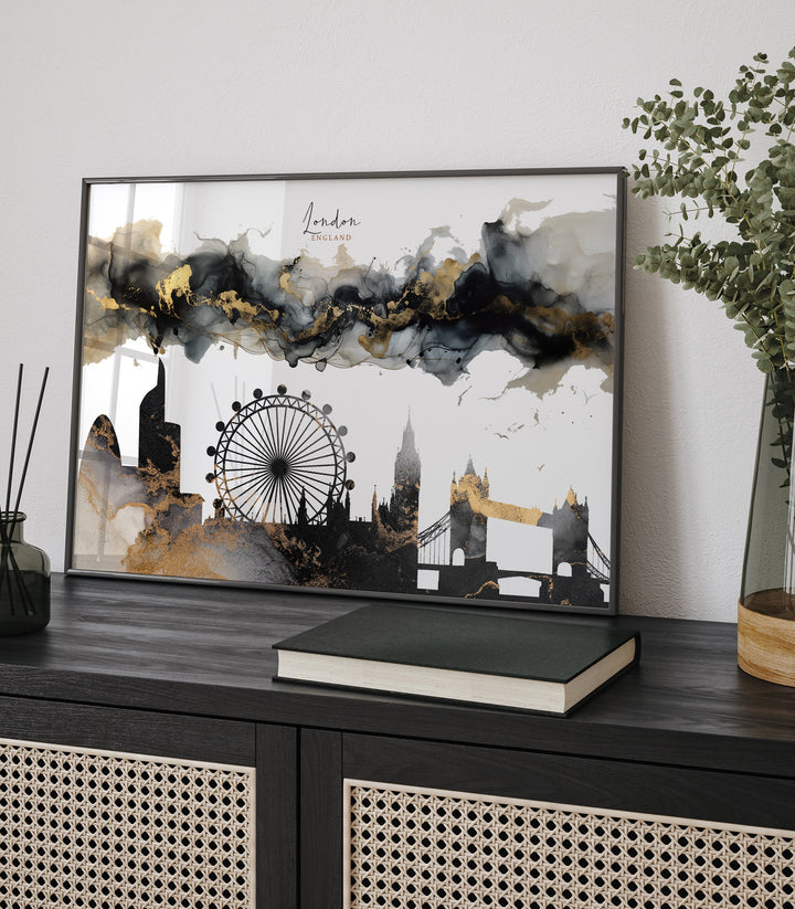 London Skyline Black & Gold Wall Art Print | England | UK | United Kingdom