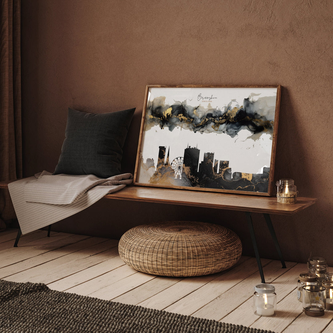 Birmingham Skyline Black & Gold Wall Art Print | England | UK | United Kingdom