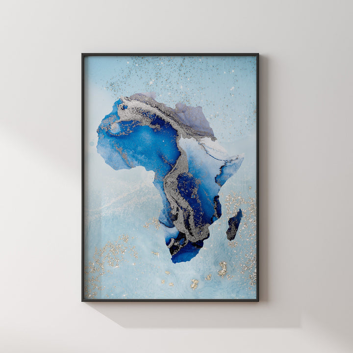 Africa Map Shades of Blue & Silver Wall Art Print