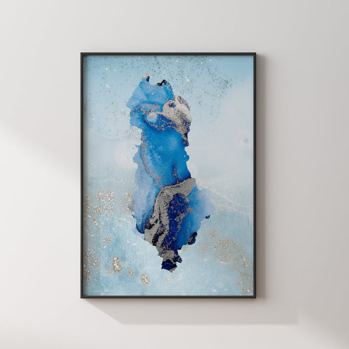 Albania Map Shades of Blue & Silver Wall Art Print