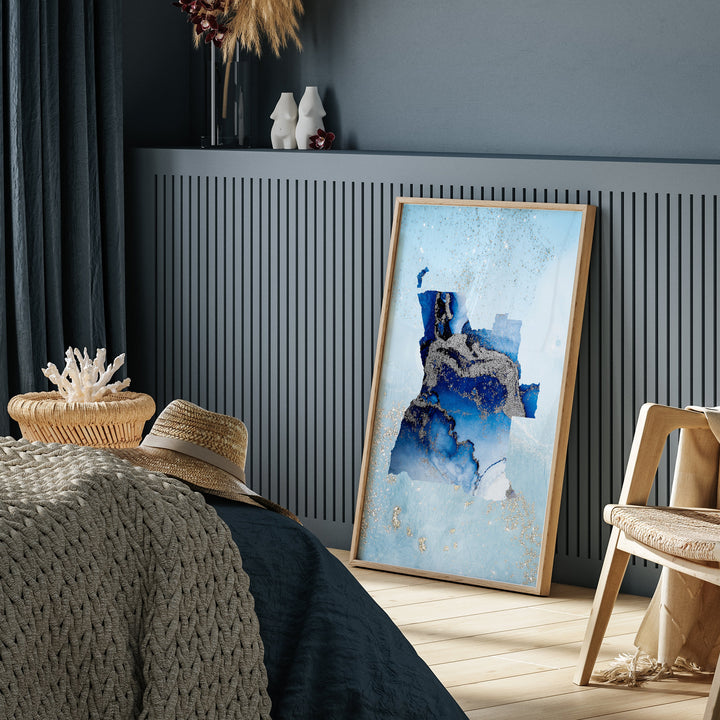 Angola Map Shades of Blue & Silver Wall Art Print