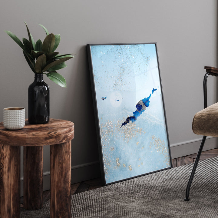 Anguilla Map Shades of Blue & Silver Wall Art Print