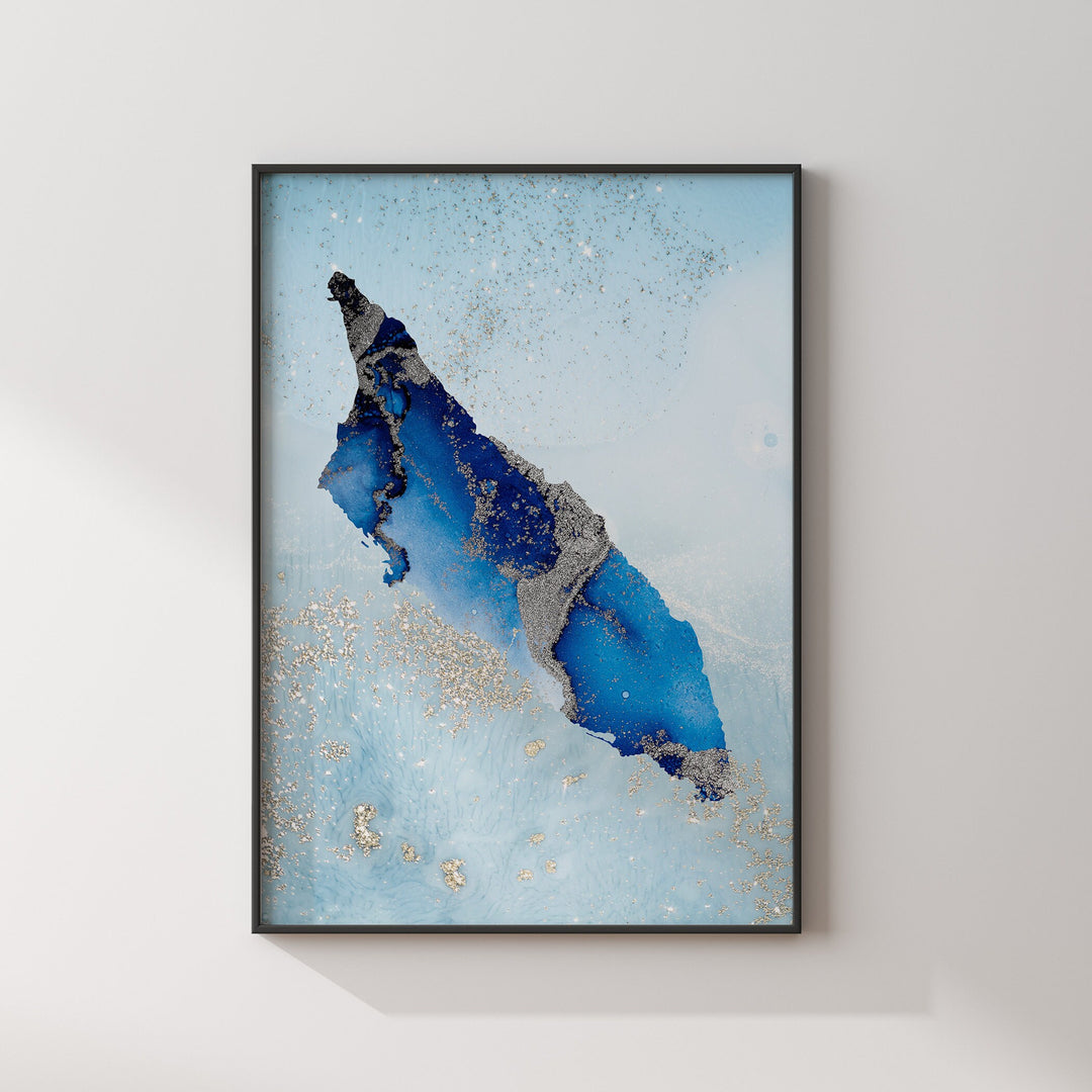Aruba Map Shades of Blue & Silver Wall Art Print
